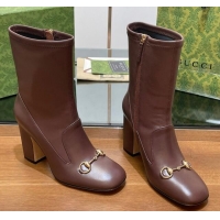 Top Design Gucci Leather Horsebit Heel Ankle Boots 6.5cm Brown 906010