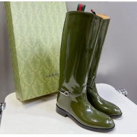 Cheap Price Gucci Slim Horsebit High Flat Boots in Shiny Leather Green 906029