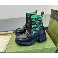 Big Discount Gucci Horsebit Platform Ankle Boots in GG Knit and Leather 6cm Black/Green 906034