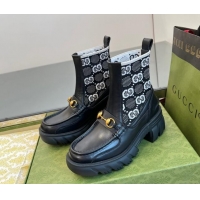 Grade Quality Gucci Horsebit Platform Ankle Boots in GG Knit and Leather 6cm Black/White 906035