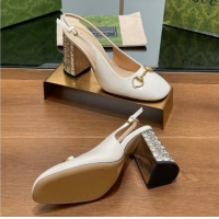 Best Price Gucci Patent Leather Horsebit Slingback Pumps 9.5cm with Strass Heel White 906039