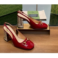 Luxurious Gucci Patent Leather Horsebit Slingback Pumps 9.5cm with Strass Heel Red 906040