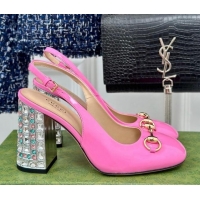 Top Design Gucci Patent Leather Horsebit Slingback Pumps 9.5cm with Strass Heel Pink 906042