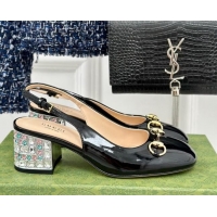 Hot Style Gucci Patent Leather Horsebit Slingback Pumps 6.5cm with Strass Heel Black 906044