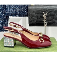 Luxury Cheap Gucci Patent Leather Horsebit Slingback Pumps 6.5cm with Strass Heel Burgundy 906047