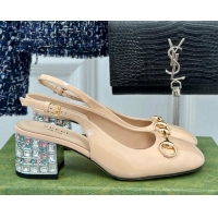 Classic Hot Gucci Patent Leather Horsebit Slingback Pumps 6.5cm with Strass Heel Beige 906048