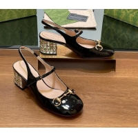 Duplicate Gucci Patent Leather Horsebit Slingback Pumps 5.5cm with Strass Heel Black 906055