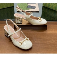 Low Price Gucci Patent Leather Horsebit Slingback Pumps 5.5cm with Strass Heel White 906056