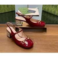 Buy Luxury Gucci Patent Leather Horsebit Slingback Pumps 5.5cm with Strass Heel Burgundy 906058