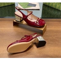 Buy Luxury Gucci Patent Leather Horsebit Slingback Pumps 5.5cm with Strass Heel Burgundy 906058