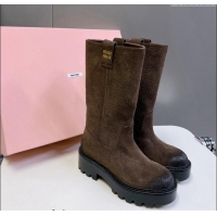 Promotional iu Miu Suede Platform Medium Boots 5cm with Logo Tag 5U270E Dark Brown 2024