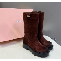 Well Crafted Miu Miu Suede Platform Medium Boots 5cm with Logo Tag 5U270E Deep Brown 2024