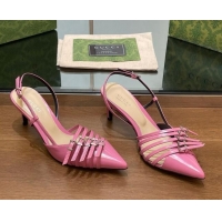 Perfect Gucci Patent Leather Slingback Pumps 6.5cm with Multi Buckle Pink 906069