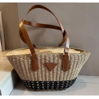 Super Quality Prada Straw Basket Bag 040205 Khaki/Black 2024