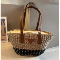 Super Quality Prada Straw Basket Bag 040205 Khaki/Black 2024