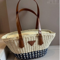 Unique Discount Prada Straw Basket Bag 040205 Beige/Blue 2024