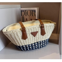 Unique Discount Prada Straw Basket Bag 040205 Beige/Blue 2024