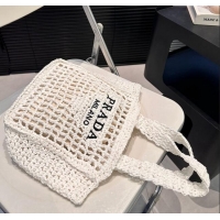 Top Quality Prada Crochet Raffia Straw Mini Tote bag 1BG444 White 2024