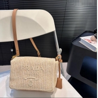 Super Quality Prada Raffia Straw Flap Shoulder Bag 0402 Beige 2024