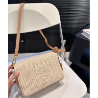 Super Quality Prada Raffia Straw Flap Shoulder Bag 0402 Beige 2024