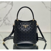 Super Quality Prada Small Cutout Leather Panier Bucket Bag 1BA217 Black 2024