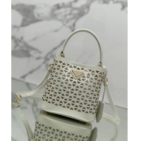 Top Grade Prada Small Cutout Leather Panier Bucket Bag 1BA217 White 2024