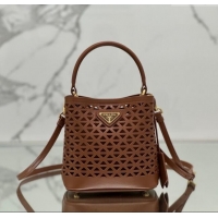 Good Taste Prada Small Cutout Leather Panier Bucket Bag 1BA217 Brown 2024