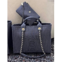 Super Quality Chanel Small Deauville Striped Denim Shopping Bag CH1916 Dark Blue 2024