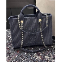 Super Quality Chanel Small Deauville Striped Denim Shopping Bag CH1916 Dark Blue 2024