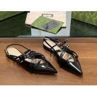 Unique Style Gucci Strappy Buckle Patent Leather Slingback Ballet Flat Black 906093