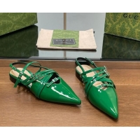 Good Quality Gucci Strappy Buckle Patent Leather Slingback Ballet Flat Green 906098