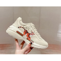 Most Popular Gucci Rhyton Sneakers in Ivory White Leather with Tiger Print 906116