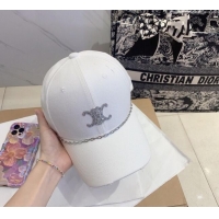 Promotional Celine Canvas Baseball Hat with Crystals with Chain 0706 White