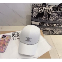 Promotional Celine Canvas Baseball Hat with Crystals with Chain 0706 White