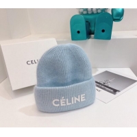 Luxury Cheap Celine Rabbit Fur Knit Hat CE10182 Light Blue 2023