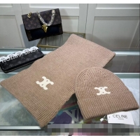 Luxury Cheap Celine Knit Hat and Scarf Set CE10183 Beige 2023