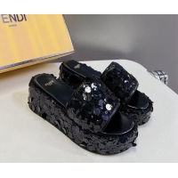 Perfect Fendi Sequins Wedge Slides Sandal 6cm Black 813109