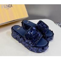 Hot Style Fendi Sequins Wedge Slides Sandal 6cm Blue 813110