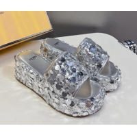 Sophisticated Fendi Sequins Wedge Slides Sandal 6cm Silver 813113