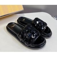 Stylish Fendi Sequins Flat Slides Sandal Black 813114