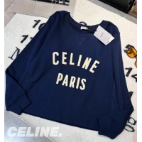 ​Unique Discount Celine Paris Loose Sweatshirt In Cotton Fleece CE5463 Dark Blue