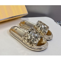 Good Quality Fendi Sequins Flat Slides Sandal Gold 813117