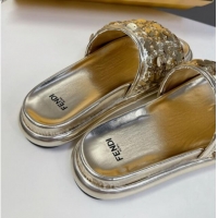 Good Quality Fendi Sequins Flat Slides Sandal Gold 813117