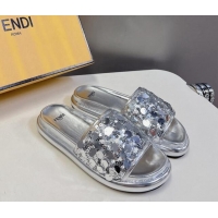 Sumptuous Fendi Sequins Flat Slides Sandal Silver 813118