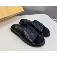 Stylish Fendi Leather Flat Slides Sandal with FF Circle Black 813119