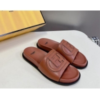 Sumptuous Fendi Leather Flat Slides Sandal with FF Circle Brown 813120