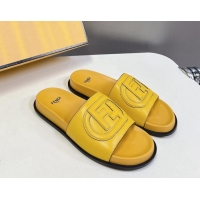 Top Design Fendi Leather Flat Slides Sandal with FF Circle Yellow 813122