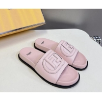 Buy Luxury Fendi Leather Flat Slides Sandal with FF Circle Light Pink 813124