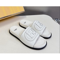 Top Grade Fendi Leather Flat Slides Sandal with FF Circle White 813125