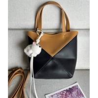 Top Quality Loewe Mini Puzzle Fold Tote Bag in patchwork calfskin L0051 Black/Brown (With Charm) 2024